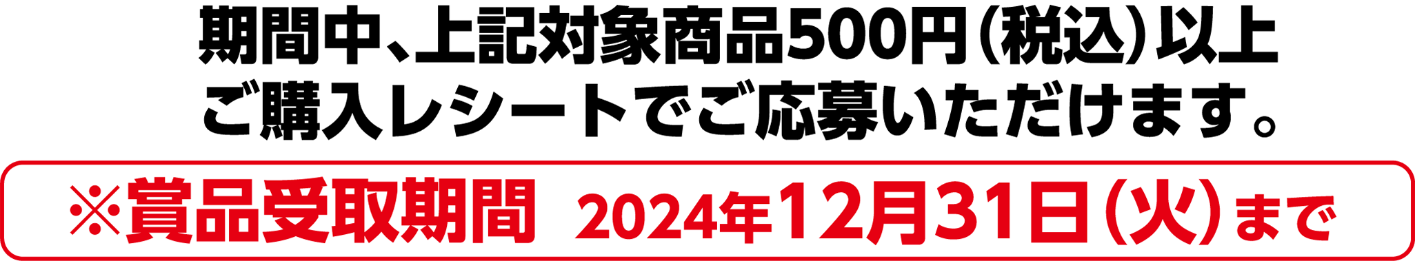 期間中、上記対象商品500円(税込)以上ご購入レシートでご応募いただけます。※賞品受取期間 2024年12月31日(火)まで